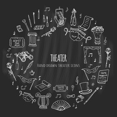 Hand drawn doodle Theater set. Vector illustration. Sketchy artistic icons. Acting performance elements: Ticket, Masks, Lyra, Flowers, Curtain stage, Musical notes, Pointe shoes, Make-up artist tools.