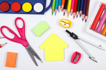 School accessories and shape of building on white background, back to school concept