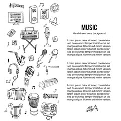 Hand drawn doodle Music set. Vector illustration. Musical instrument and symbols icons collection. Cartoon sound elements: Notes, Trumpet, Drum, Saxophone, Harp, Microphone, Headphones, Loud speakers.