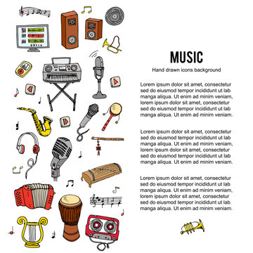 Hand drawn doodle Music set. Vector illustration. Musical instrument and symbols icons collection. Cartoon sound elements: Notes, Trumpet, Drum, Saxophone, Harp, Microphone, Headphones, Loud speakers.