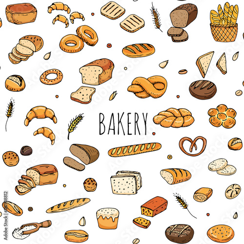 Seamless Pattern Hand Drawn Doodle Of Cartoon Food Rye Bread Whole Grain Seamless Pattern Hand Drawn Doodle Of Cartoon Food Rye Bread Whole Grain