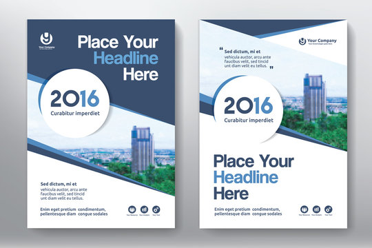 Blue Color Scheme with City Background Business Book Cover Design Template in A4. Easy to adapt to Brochure, Annual Report, Magazine, Poster, Corporate Presentation, Portfolio, Flyer, Banner, Website.