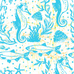 Ink hand drawn sealife seamless pattern
