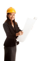 Asian engineer woman with blueprints.