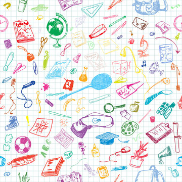 Hand drawn doodle school objects seamless pattern. Colored pen objects, notebook background. Learning, study, poster, flyer, design.