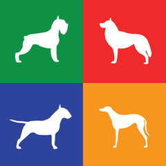 Four different white dog silhouette on colored background