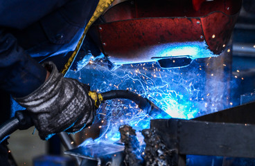 Fototapeta Arc welding of a steel in factory obraz