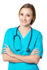 Portrait of a smiling nurse isolated on white.