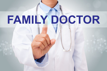 Doctor hand touching FAMILY DOCTOR sign on virtual screen. medical concept
