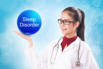 Female doctor holding blue crystal ball with sleep disorder sign on medical background.