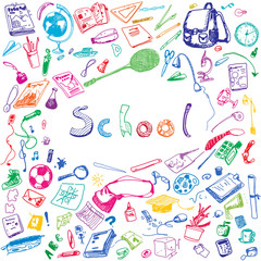 Doodle illustration of school objects. Colorful. Outlined illustration of design elements.