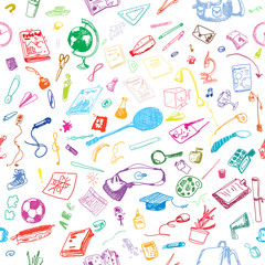 Hand drawn doodle school objects seamless pattern. Colored objects, white background. Learning, study, poster, flyer, design.