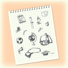 Doodles in a notebook. Hand drawn school objects. Schoolbag, apple, banana, globe, square academic cap, microscope, ball, book, gym shoes. Gray pencil, lined paper.