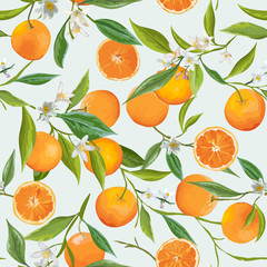 Seamless Pattern. Orange Fruits Background. Floral Pattern