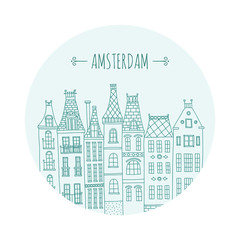 Amsterdam houses architecture old town buildings. Hand drawn illustration