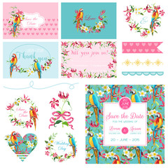 Scrapbook Design Elements. Wedding Tropical Flowers and Parrot Bird