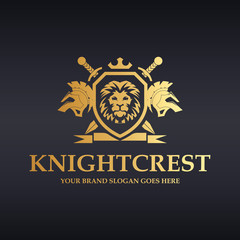 Knight Crest Logo. Heraldic lions with shield, sword and ribbon. - 116915671