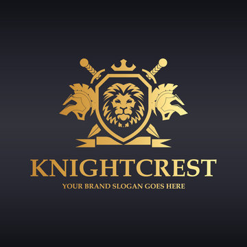 Knight Crest Logo. Heraldic lions with shield, sword and ribbon.