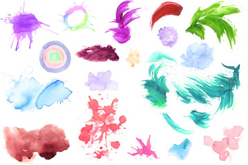 Watercolor stains and shapes on white background