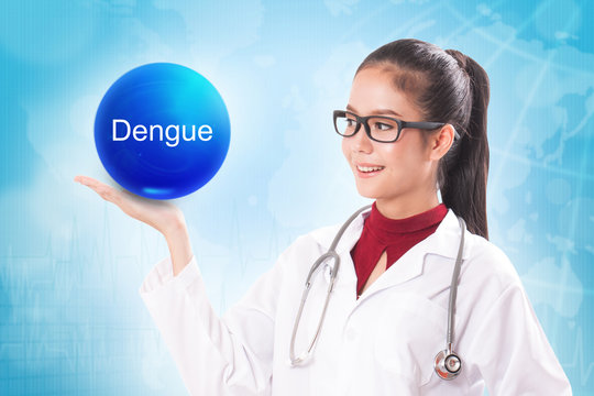 Female doctor holding blue crystal ball with dengue sign on medical background.