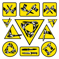 Set hands with knives. Retro styled vector icons.