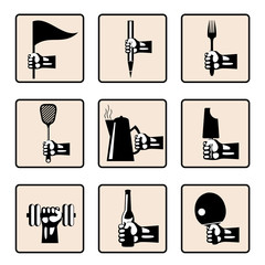 Set hands with various household items. Retro styled vector icons.
