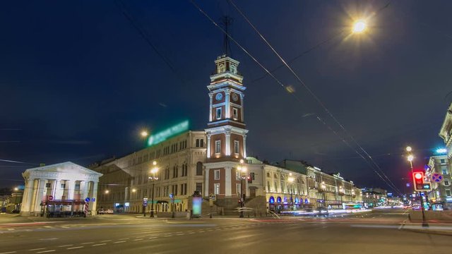 Night view to the City Duma tower at Nevsky avenue timelapse hyperlapse. ST. PETERSBURG, RUSSIA