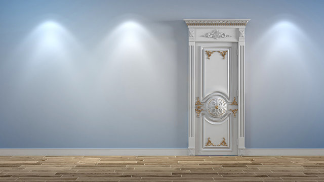 White wood classic Door on the light wall with ies lights