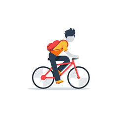 Obraz premium Man in casual dress cycling, student commuting by bicycle, daily riding by bike to business, isolated vector flat design illustration
