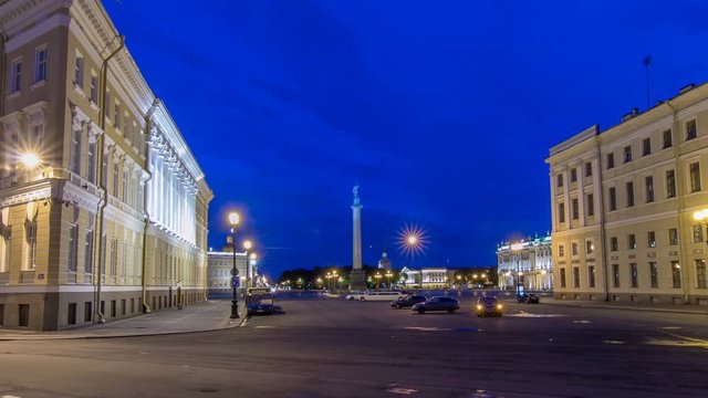 Palace Square and Alexander column timelapse hyperlapse in St. Petersburg at night, Russia.