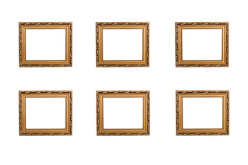Marco de cuadro dorados sobre fondo blanco aislado. Vista de frente. Composición