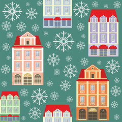Fototapeta premium seamless pattern with the image of old town houses, trees and snowflakes. winter cityscape.