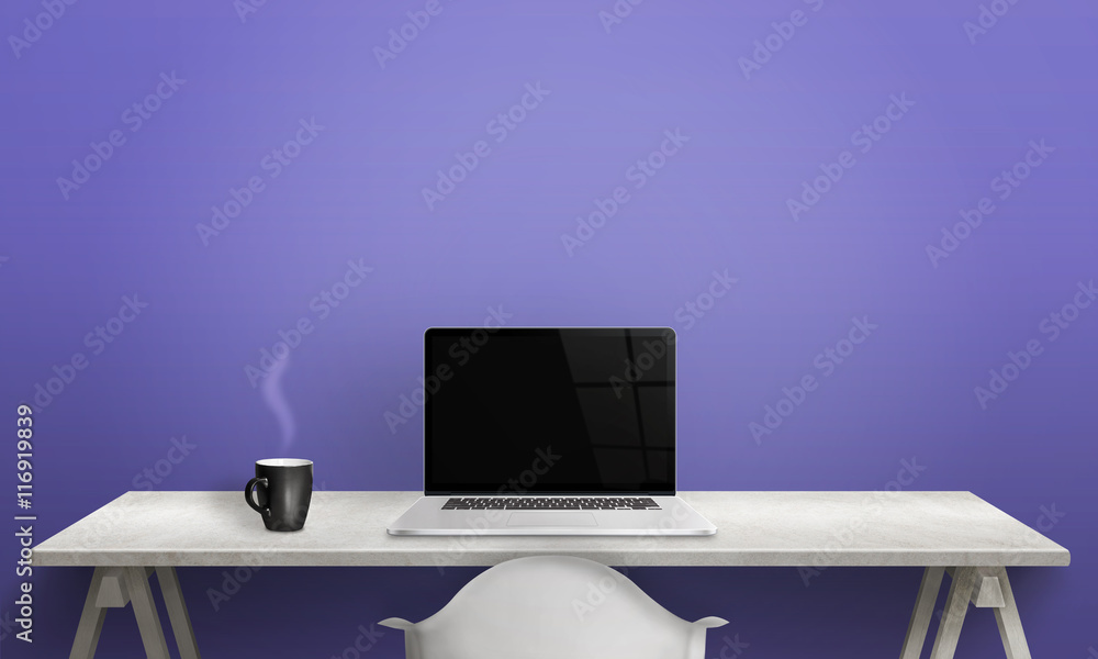Aufkleber writing and working on a laptop. clean scene of the desk in office or room. blank screen for mockup.