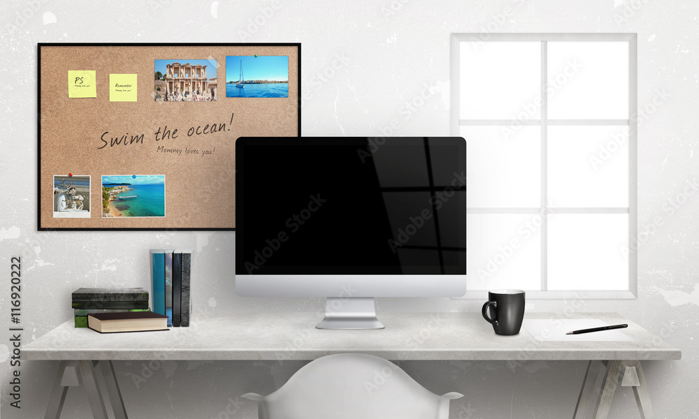 Leinwandbilder Computer display and cork bulletin board in background. Blank screen for mockup. Front view of office desk.