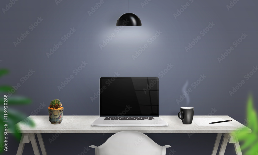 Aufkleber Work on laptop computer. Clean scene of the desk in office or room. Blank screen for mockup.