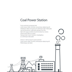 Coal Power Station Isolated on White Background, Complex Industrial Facilities with the Power Line, Coal Industry, Poster Brochure Flyer Design, Vector Illustration