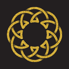 Golden glittering logo template in Celtic knots style on black background. Tribal symbol in circular mandala form. Gold ornament for jewelry design.