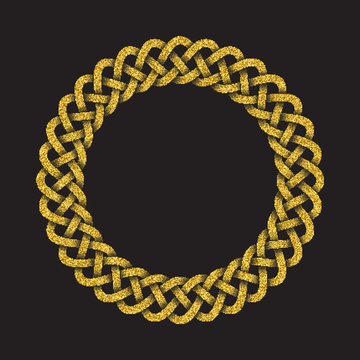 Golden glittering circular braided frame in Celtic style on black background. Gold ornament for jewelry design. Element for logo design.