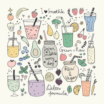 Smoothie and Raw food collection. Hand Drawn vector doodles