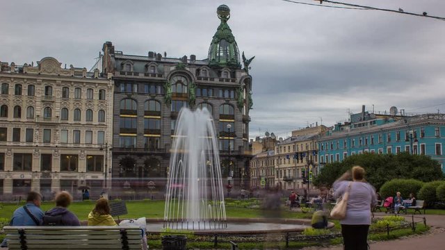 Singer House and fountain in front of it near Kazan Cathedral timelapse. St. Petersburg, Russia