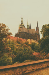 Prague Castle, old city with autumn trees , european travel seasonal fall background in vintage style