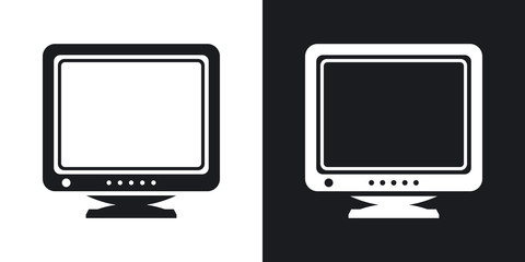 Vector Retro Computer Monitor icon. Two-tone version of Old Computer Monitor simple icon on black and white background
