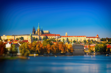 Prague Castle and Old City day view with blue sky, travel vivid autumn european background