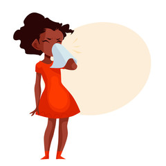Little african american girl blowing her nose, cartoon style vector illustration isolated on white background. Beautiful black skinned girl having cold, seasonal flu running nose, feeling unwell