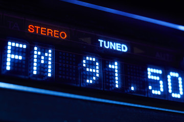 FM tuner radio display. Stereo digital frequency station tuned