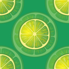 Vector illustration of big lime slices in different angles on green. Pattern.