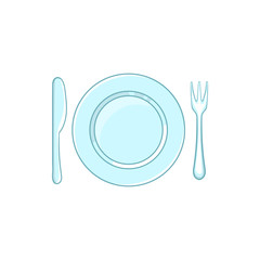 Place setting with empty dish fork and knife icon in cartoon style on a white background