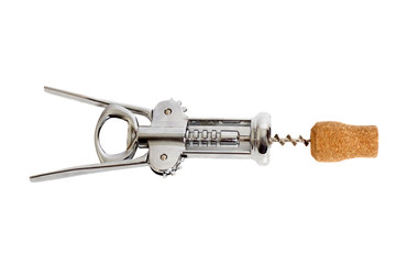 Corkscrew for wine and cork isolated on a white background