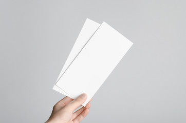Dl Flyer Mock-Up - Male hands holding blank flyers on a gray background.