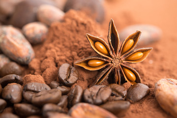 Sternanis, Kakao- und Kaffeebohnen